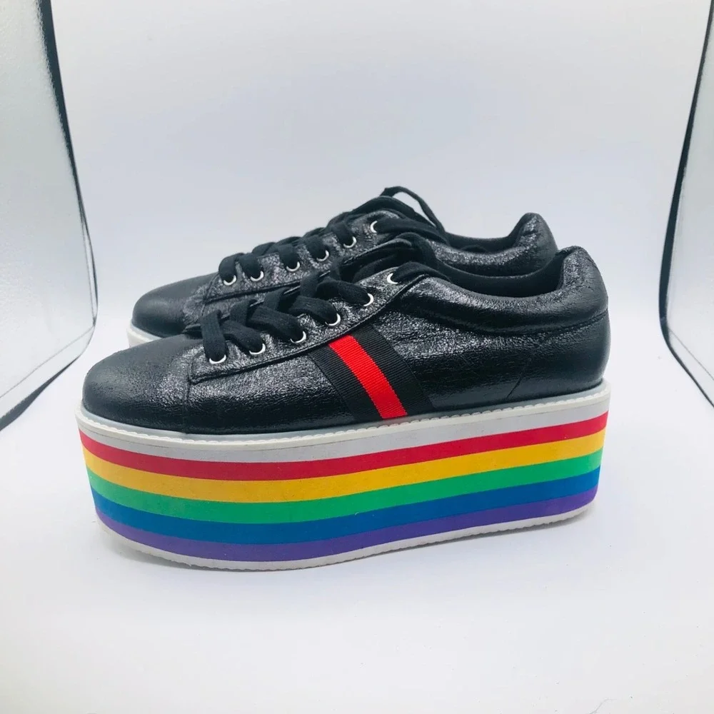 CAPE ROBBIN SUPER PLATFORM BLACK‎ FAUX LEATHER LACE UP RAINBOW PLATFORM SIZE  9